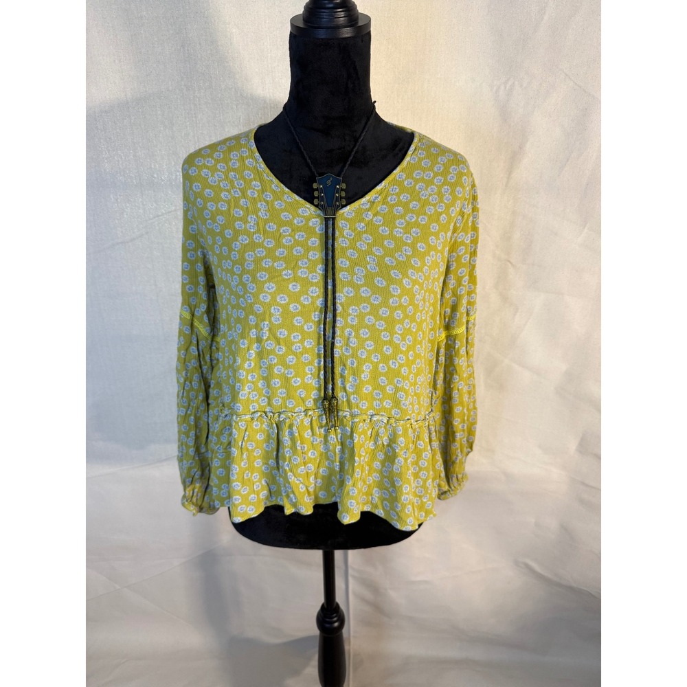 Pleione Women Mustard Yellow Floral Daisy Peplum V-Neck Long Sleeve Blouse  M